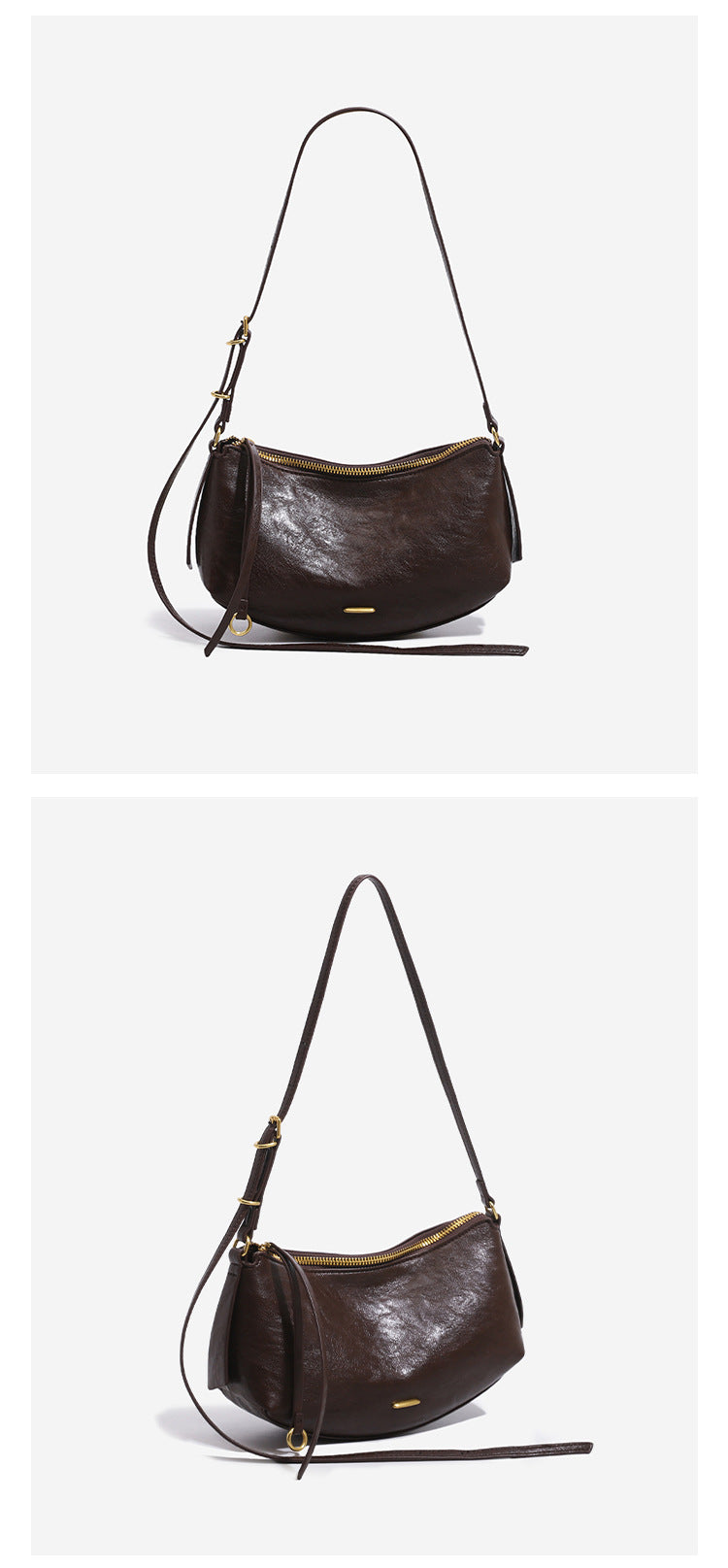 Compact soft rounded zip-top shoulder bag with gold-tone hardware and adjustable crossbody strap, detail view 11