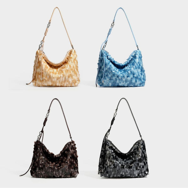 Slouchy paillette sequin hobo shoulder bag with zip closure and adjustable leather-look strap with silver chain hardware