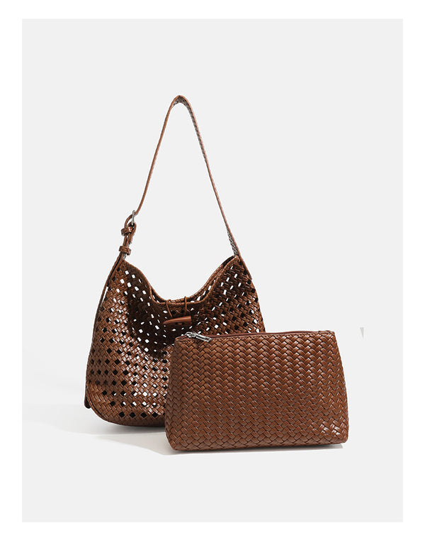 Brown open-lattice woven leather-look hobo shoulder bag with braided strap and matching zip pouch, detail view 13