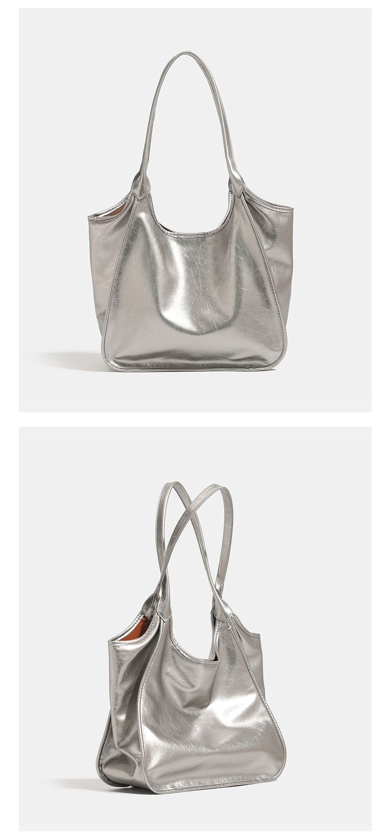 Large open-top shoulder tote bag with glossy crinkled metallic finish and long double straps, detail view 10