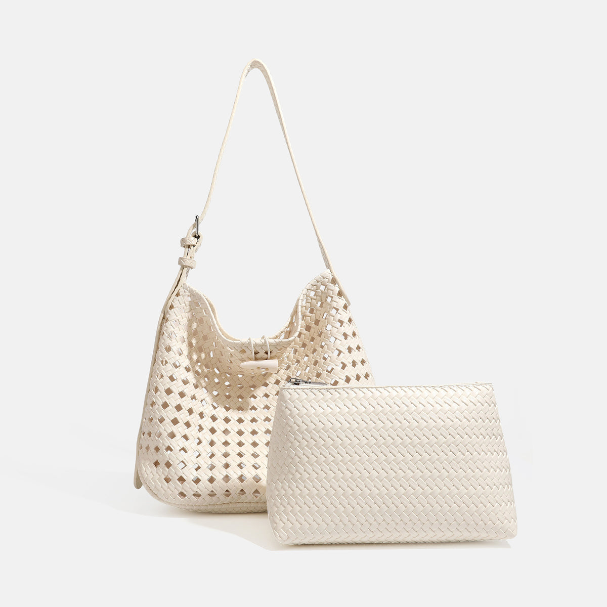 Brown open-lattice woven leather-look hobo shoulder bag with braided strap and matching zip pouch, detail view 9