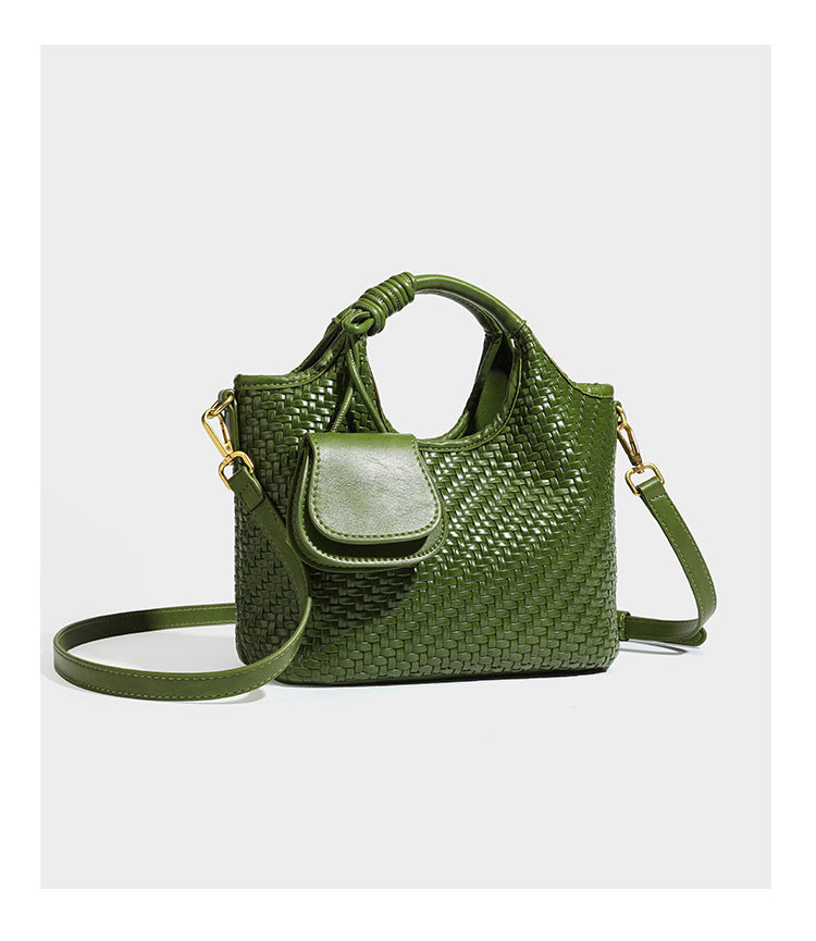 Woven leather-look tote bag in mocha brown with knotted top handle, front flap pocket, and detachable crossbody strap with