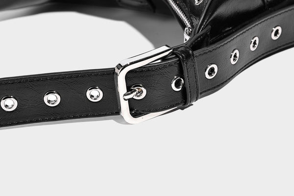 Glossy crescent hobo bag with silver-tone grommets, square buckle straps, and top zipper closure, detail view 21