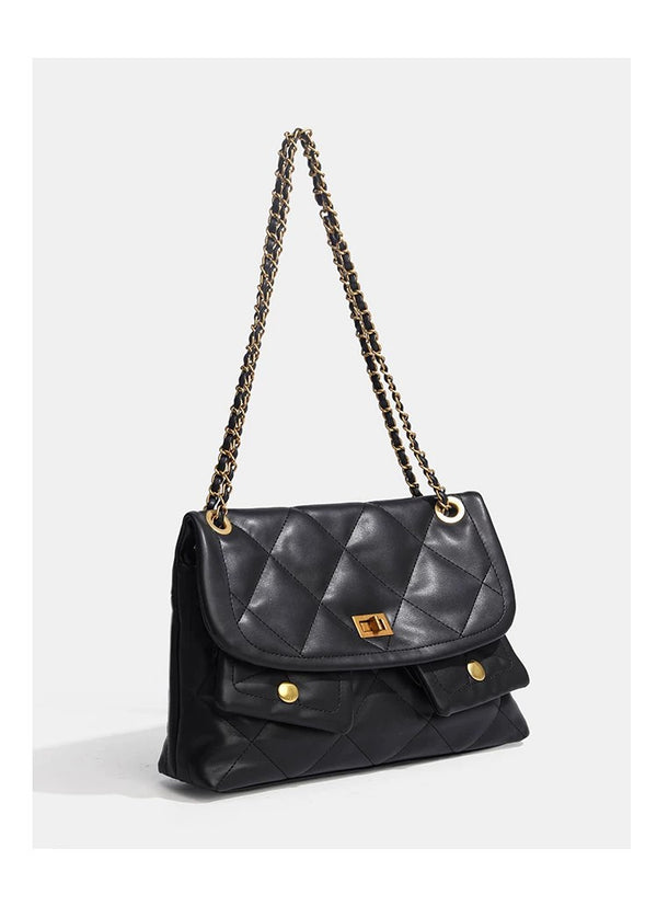 Quilted diamond flap shoulder bag with gold-tone chain strap and twist-lock closure, detail view 14