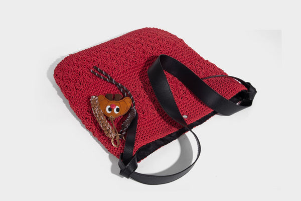 Lässige, gewebte Häkelschultertasche mit verstellbarem Schulterriemen in Cognac-Lederoptik und Druckknopfverschluss, Detailansicht 28