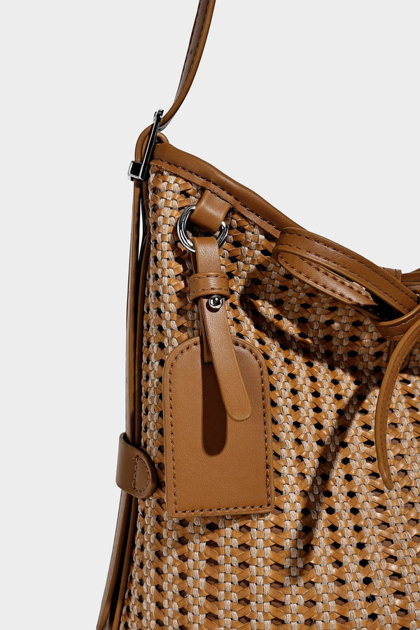 Slouchy open-weave shoulder tote bag with leather-look tan trim, tie-front closure, and long adjustable strap, detail view 17