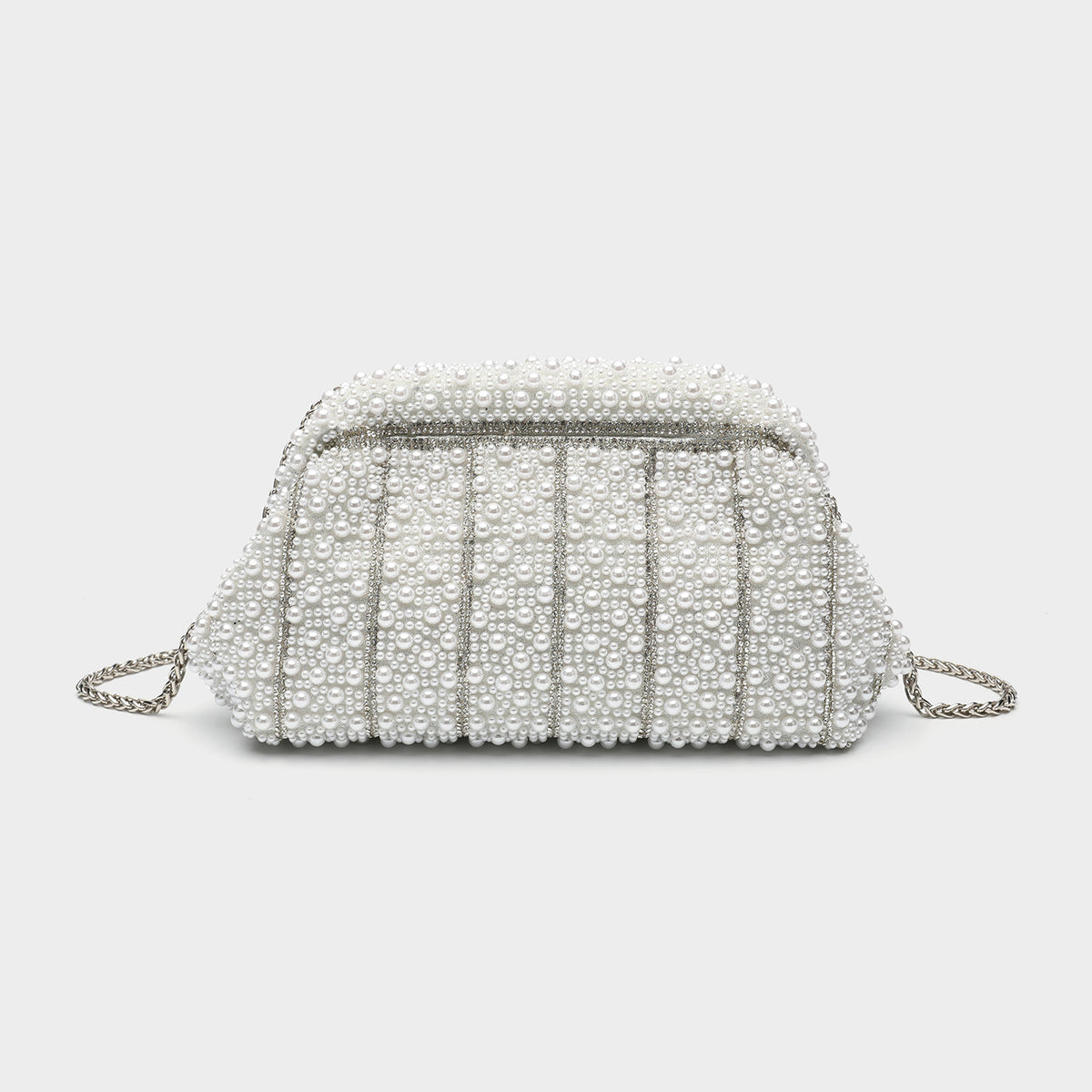 Structured faux-pearl beaded evening clutch bag with silver-tone chain strap and top zip closure, detail view 7
