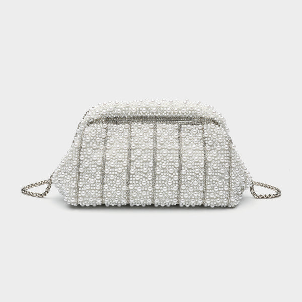 Structured faux-pearl beaded evening clutch bag with silver-tone chain strap and top zip closure, detail view 7