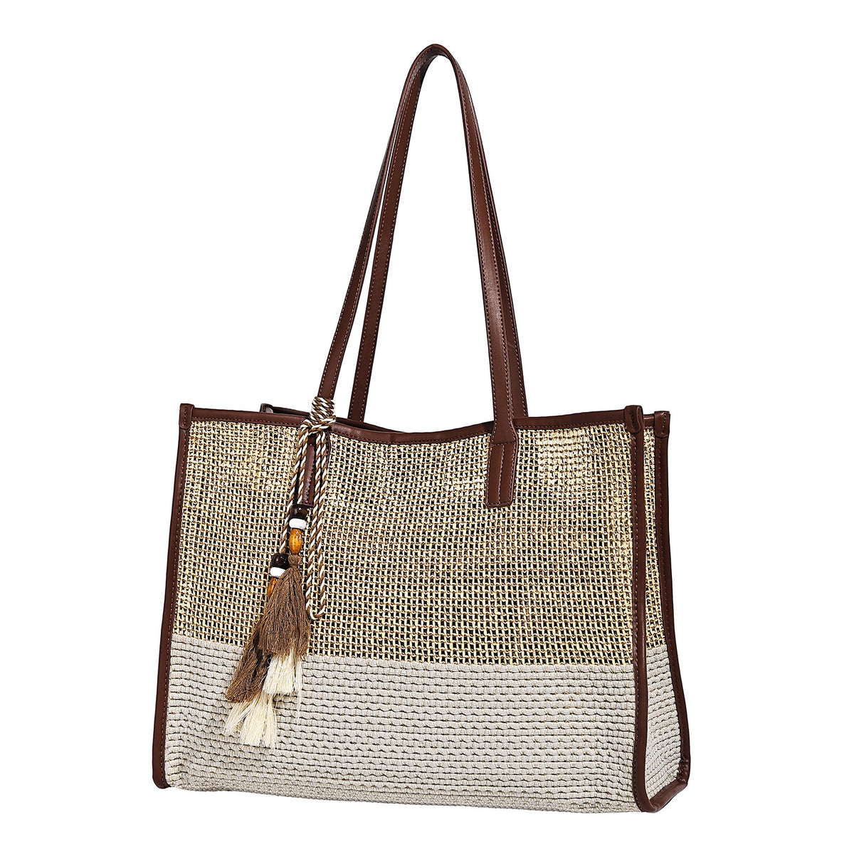 Two-tone woven straw tote bag with leather-look brown trim, long shoulder straps, and knotted tassel charm, detail view 5