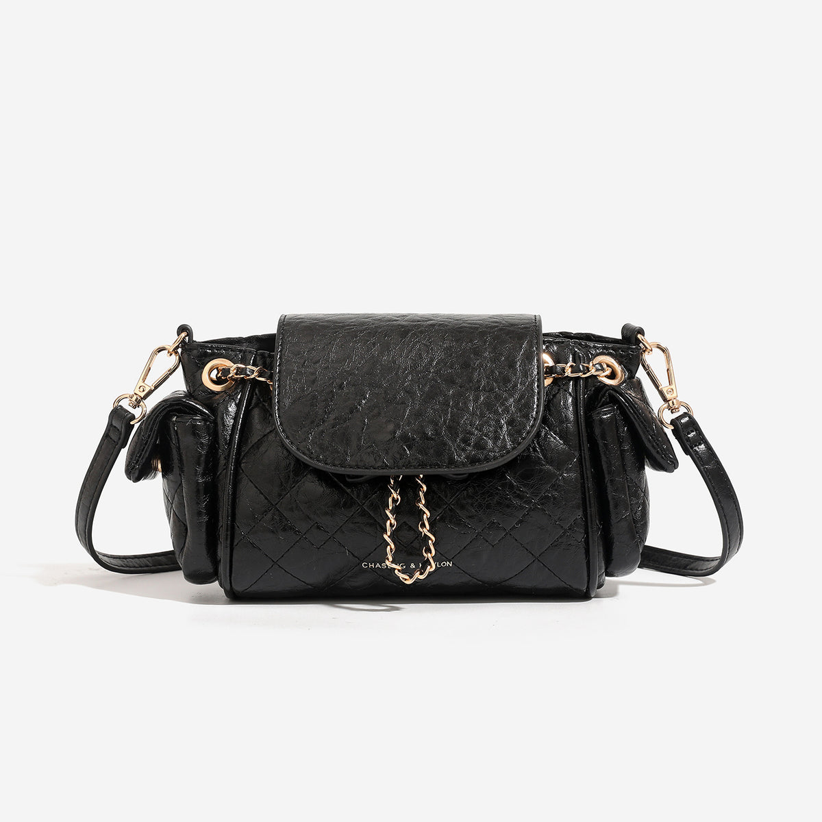 Small quilted diamond-pattern chain shoulder bag with flap closure and gold-tone hardware, detail view 7
