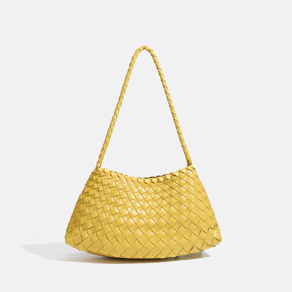 Dark brown hand-woven leather-look hobo shoulder bag with braided strap and drawstring closure, detail view 13