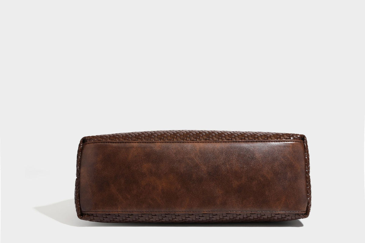 Slouchy woven leather-look hobo tote bag in brown with detachable zip pouch and gold-tone hardware, detail view 38