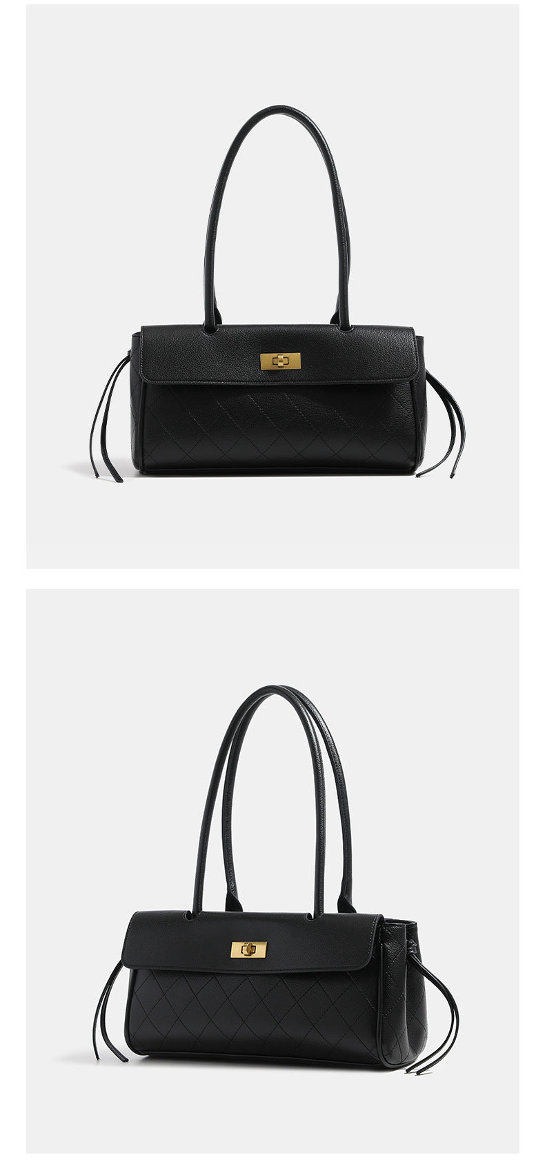 Structured quilted diamond-stitch baguette handbag with gold-tone turn-lock closure and dual top handles, detail view 10