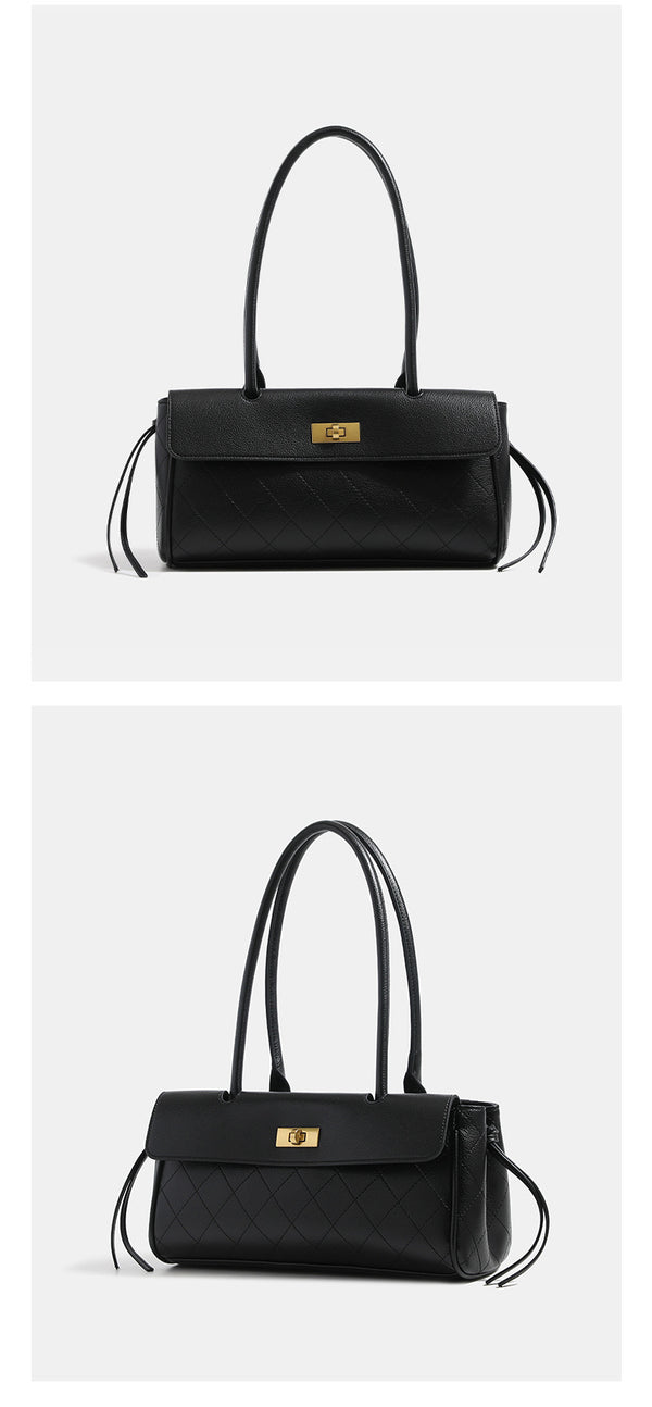 Structured quilted diamond-stitch baguette handbag with gold-tone turn-lock closure and dual top handles, detail view 10