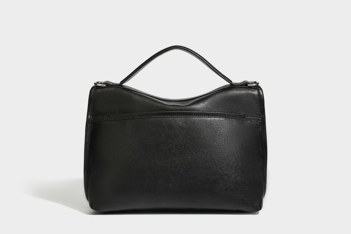 Structured rectangular satchel bag in dark espresso brown with smooth leather-look finish, flap front with silver turn-lock