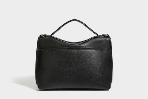 Structured rectangular satchel bag in dark espresso brown with smooth leather-look finish, flap front with silver turn-lock