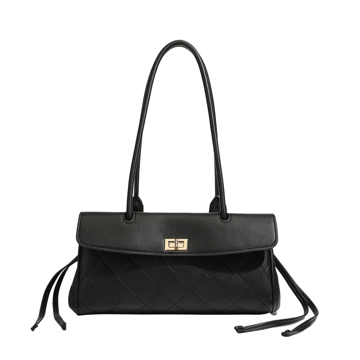 Structured black diamond-quilted shoulder bag with gold-tone turn-lock flap closure and dual round shoulder straps, detail