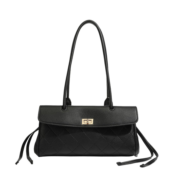 Structured black diamond-quilted shoulder bag with gold-tone turn-lock flap closure and dual round shoulder straps, detail