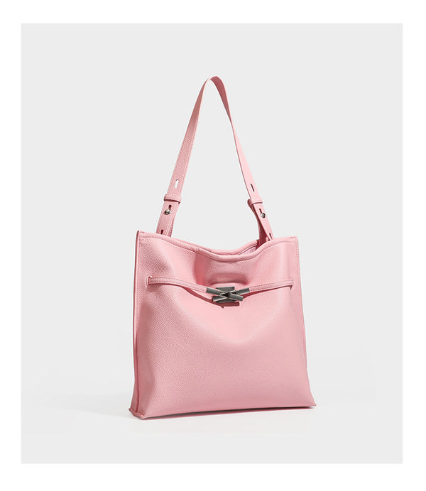 Large structured tote bag in pebbled leather-look finish with silver-tone twist-knot front detail and adjustable shoulder