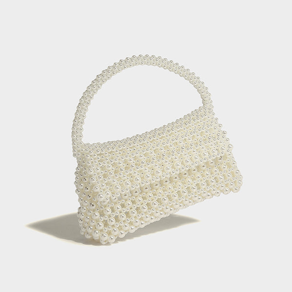 Elfenbeinfarbene Mini-Handtasche aus Kunstperlen mit geschwungenem Henkel und abnehmbarem silberfarbenem Kettenriemen, Detailansicht 16