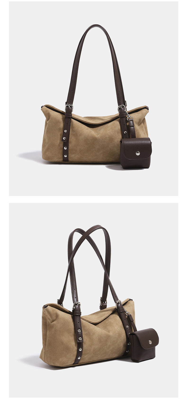 Soft slouchy suede-look shoulder tote with dark brown leather-look trim, silver-tone stud hardware, and attached snap-front