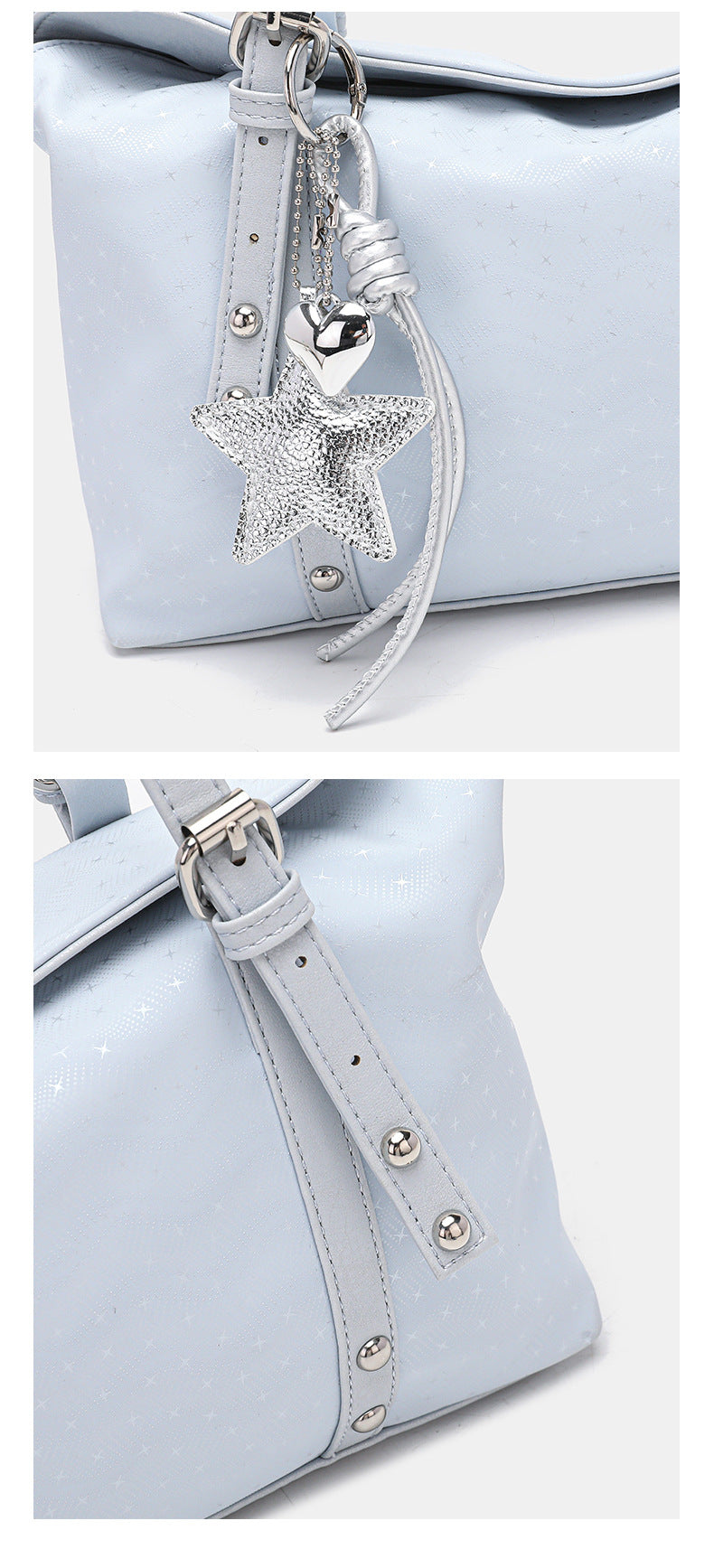 Slouchy leather-look shoulder tote bag with star charm pendant, silver-tone rivets and buckles, detail view 12