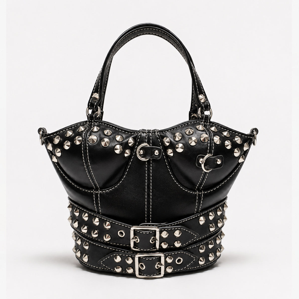 Strukturierte Handtasche mit korsettförmiger Silhouette, silberfarbenen Kegel-Nieten und doppeltem Schnallengürtel-Detail, Detailansicht 8