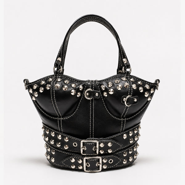 Strukturierte Handtasche mit korsettförmiger Silhouette, silberfarbenen Kegel-Nieten und doppeltem Schnallengürtel-Detail, Detailansicht 8