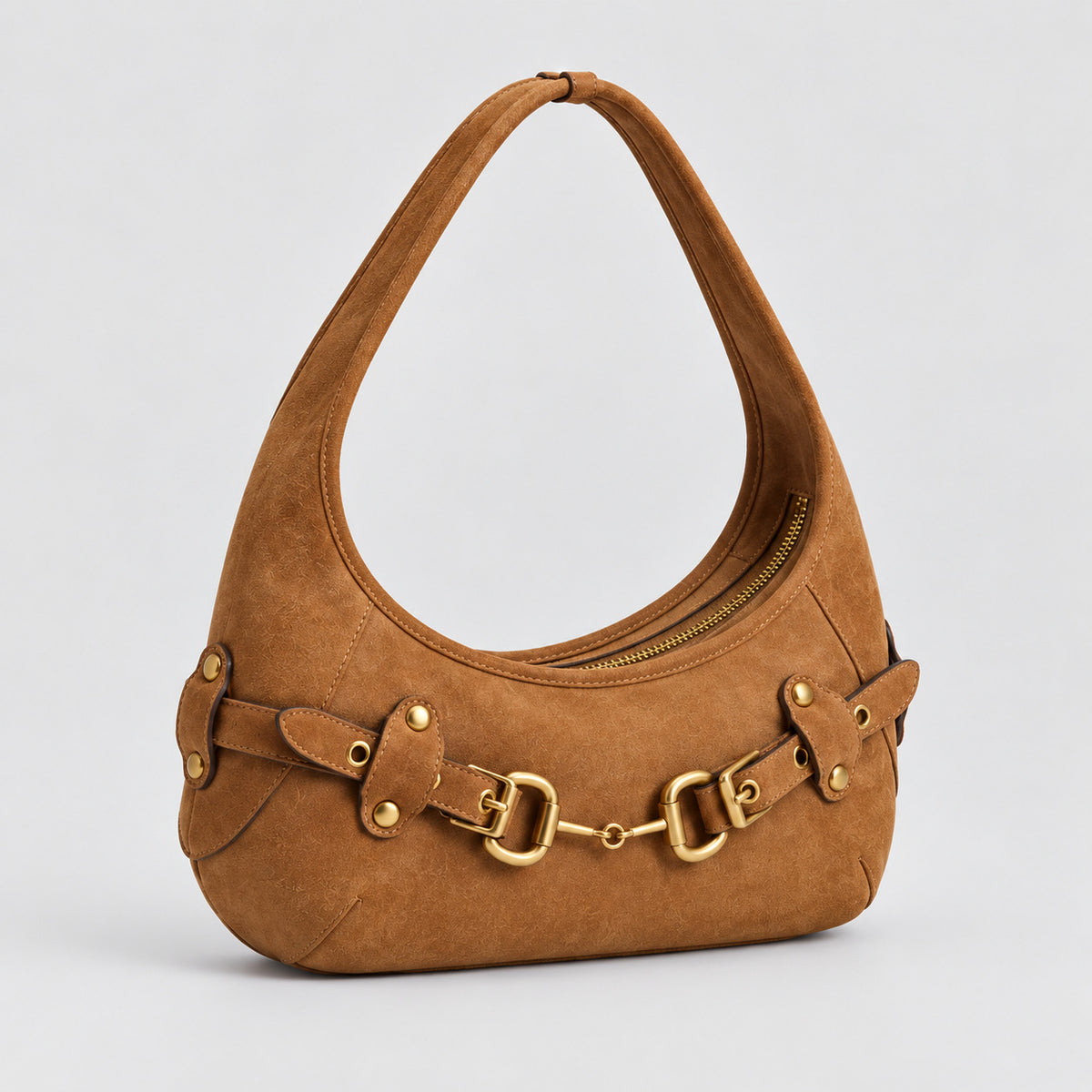 Matte suede-finish half-moon shoulder bag with gold horsebit bar hardware and dome studs, detail view 7