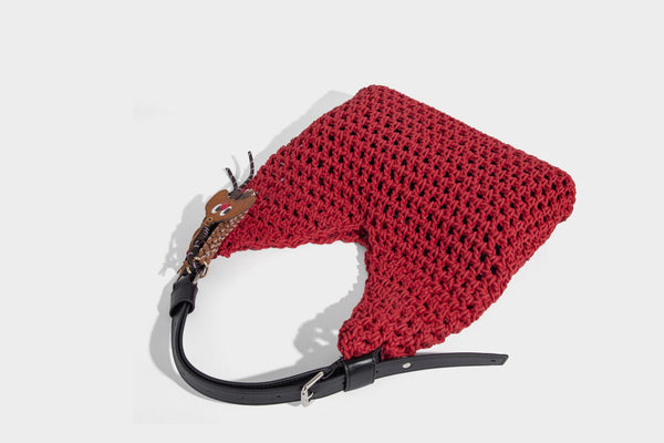 Slouchy open-knit crochet hobo tote bag with leather-look top handle and metal buckle hardware, detail view 28