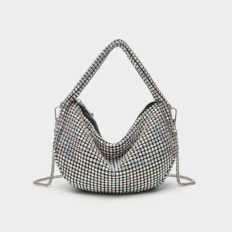 All-over crystal rhinestone hobo bag with silver chain strap and top handle, top zip closure, detail view 7