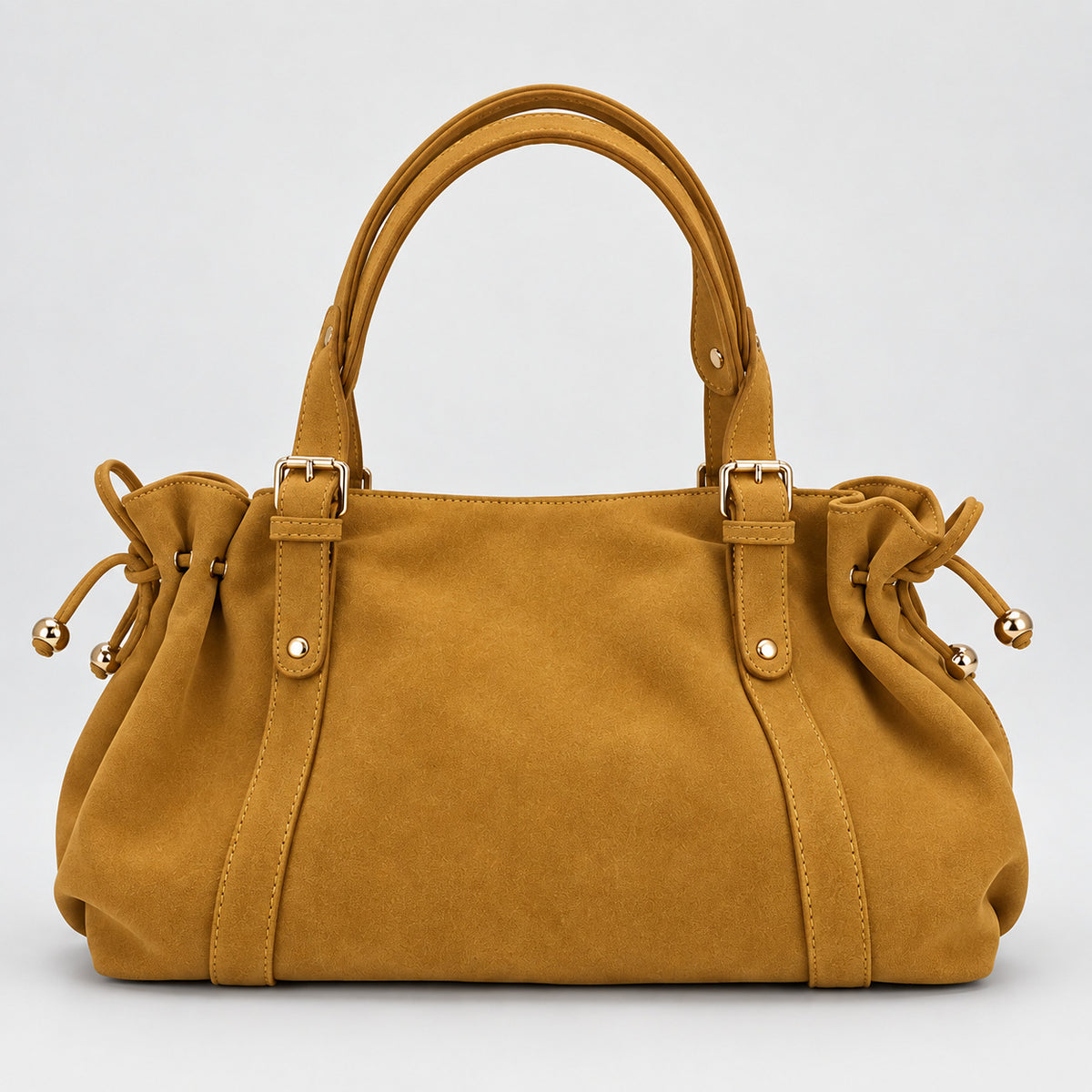 Lässige Barrel-Shopper-Tasche mit seitlichen Zugbändern, zwei Tragegriffen und goldfarbenen Schnallenbeschlägen, Detailansicht 16