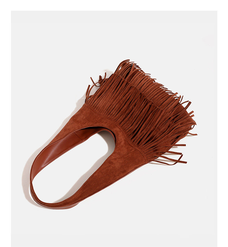 Cognac brown suede-look hobo shoulder bag with layered fringe trim and single loop strap, detail view 11