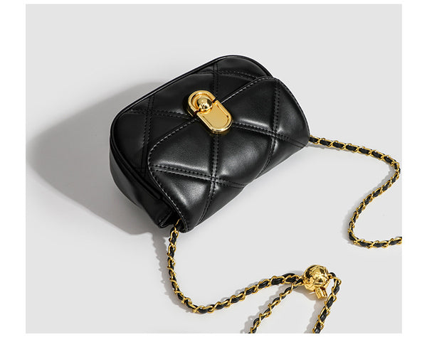 Compact diamond-quilted mini crossbody bag with gold-tone turn-lock closure and woven chain strap, detail view 16