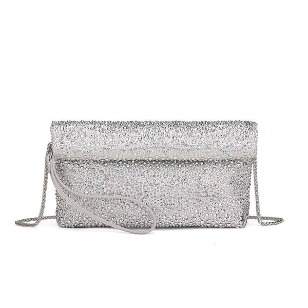 Mit Kristallen verzierte Foldover-Clutch mit Umschlagklappe und abnehmbarem Kettenriemen, Detailansicht 7
