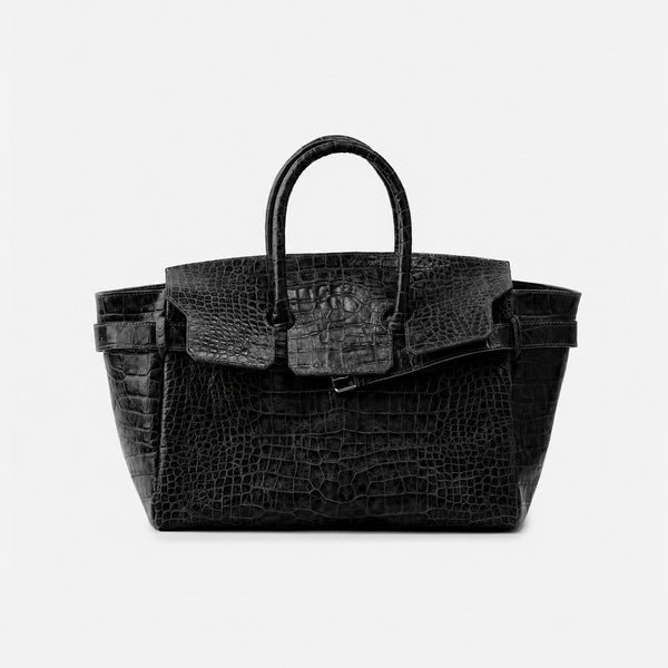 Large structured tote satchel with glossy crocodile-embossed leather-look finish, dual top handles, and metal buckle flap
