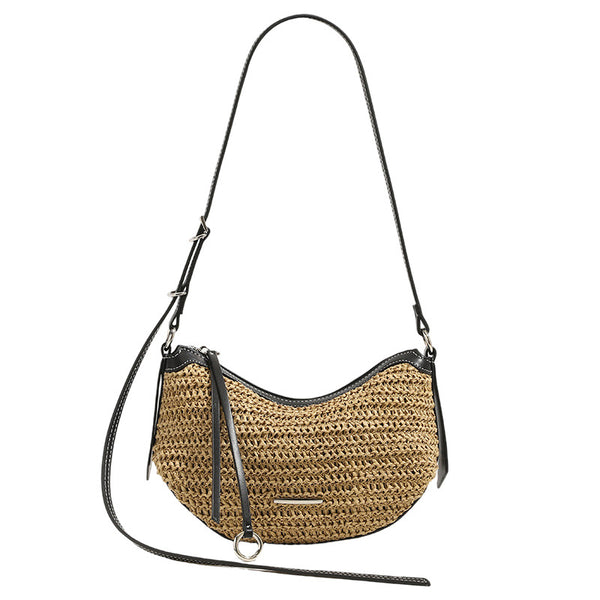 Compact crescent-shaped woven straw crossbody bag with black leather-look trim, top zip closure, and adjustable shoulder
