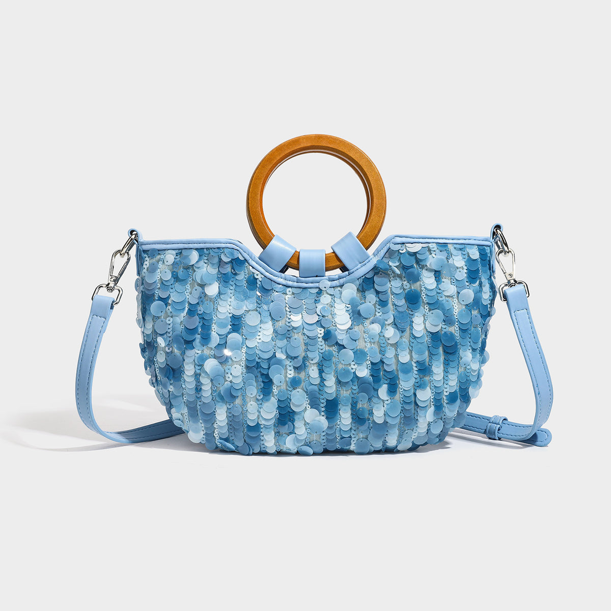 Small sequin half-moon handbag with circular wood-look ring handles and detachable leather-look shoulder strap, detail view 8