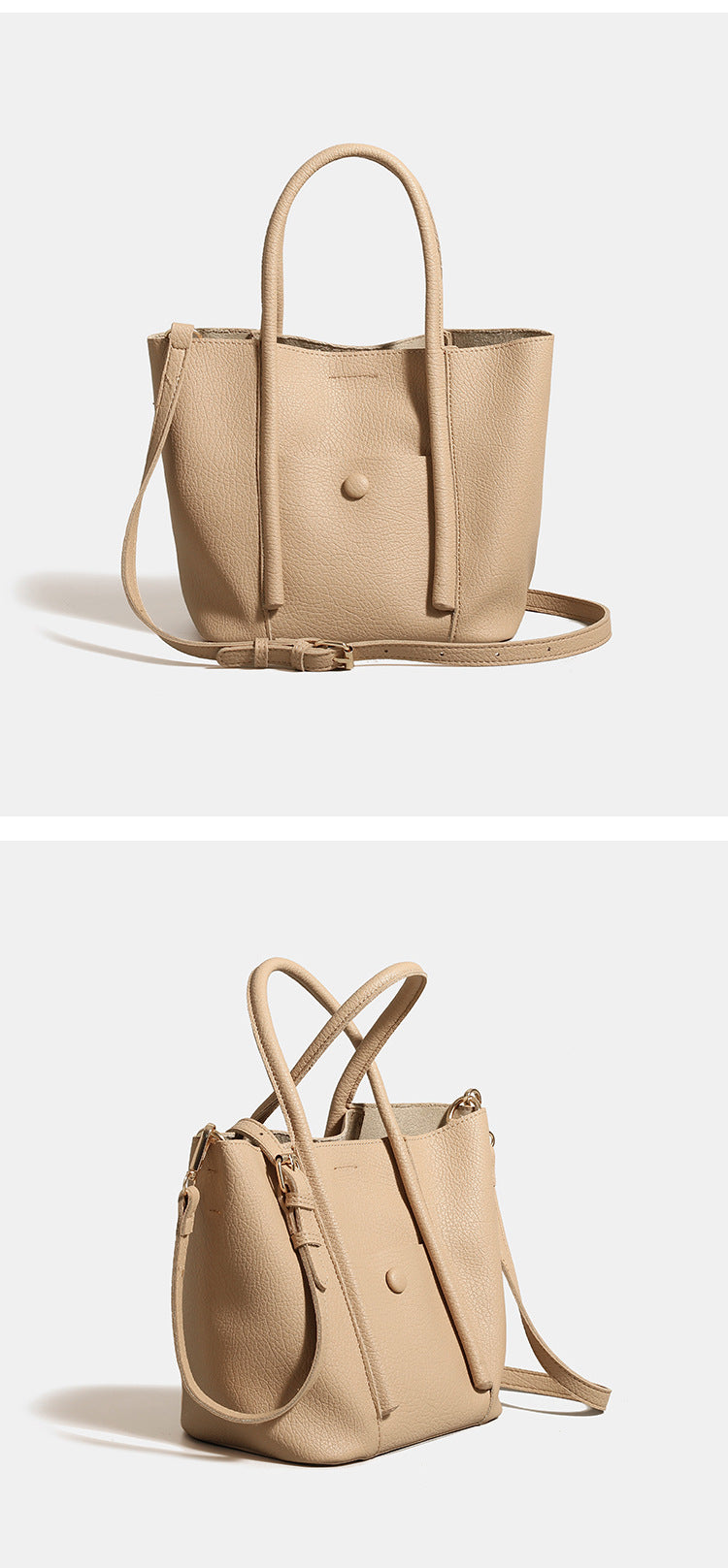 Structured pebbled matte tote bag with front snap pocket, dual top handles, and detachable zip pouch in almond beige, detail