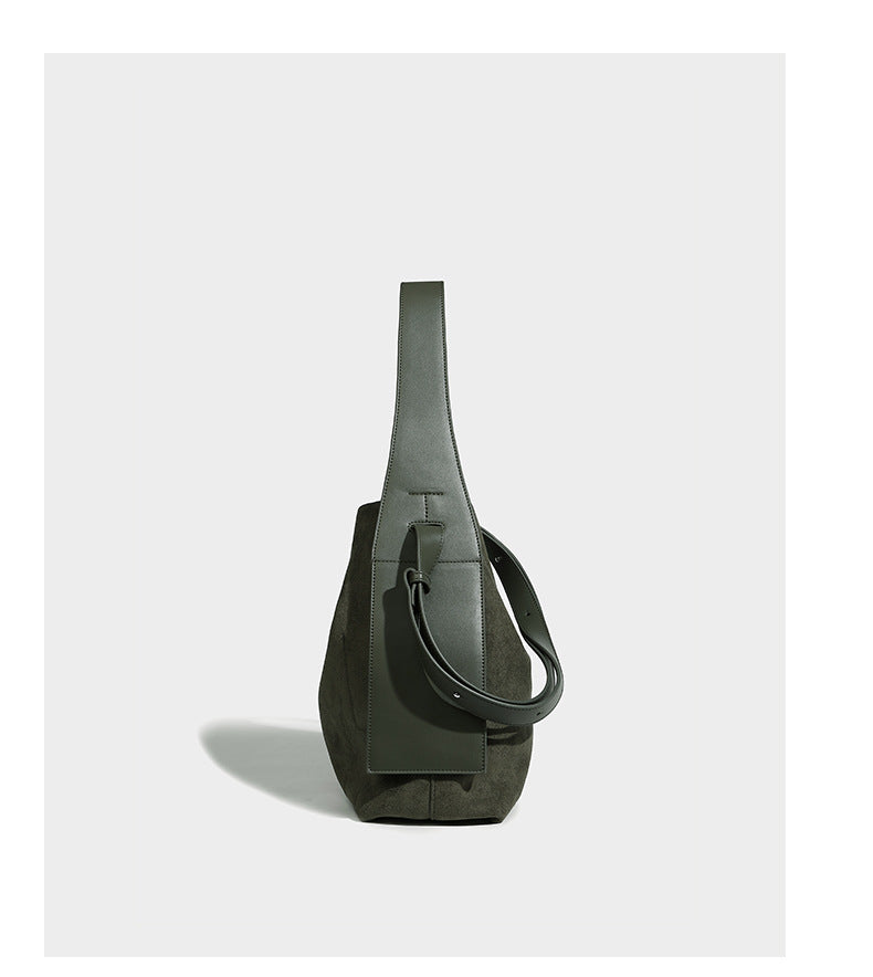 Slouchy suede-finish shoulder tote bag with leather-look trim and long strap, detail view 12