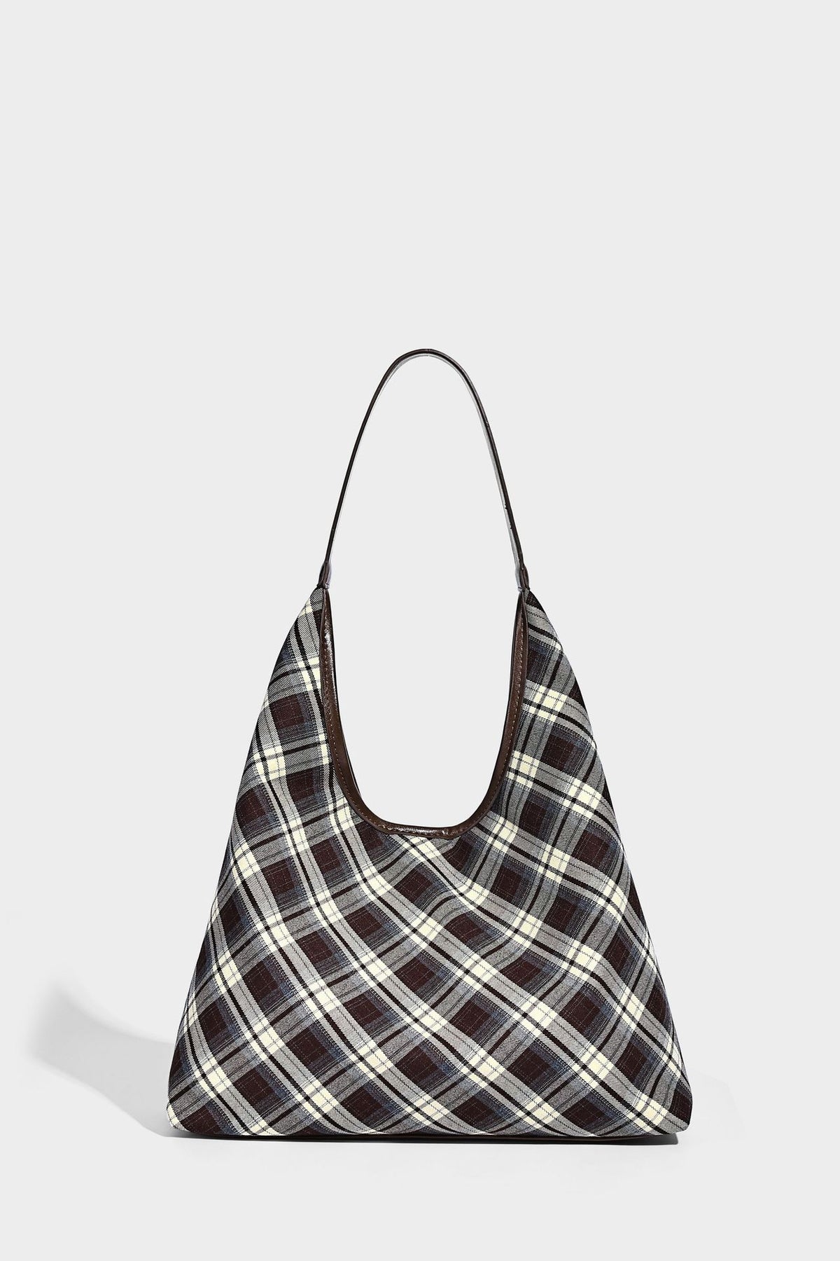 Lässige Hobo-Schultertasche in dunkelbraunem, cremefarbenem und grauem Karomuster mit dunkelbraunen Details in Lederoptik und einem langen Schulterriemen