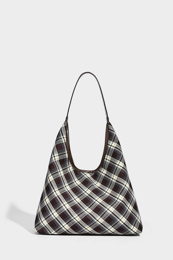 Lässige Hobo-Schultertasche in dunkelbraunem, cremefarbenem und grauem Karomuster mit dunkelbraunen Details in Lederoptik und einem langen Schulterriemen