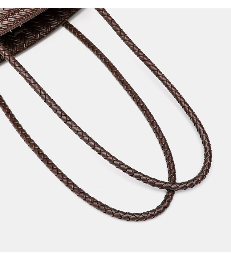 Woven herringbone-texture bucket bag with braided rope shoulder strap in dark brown, detail view 20