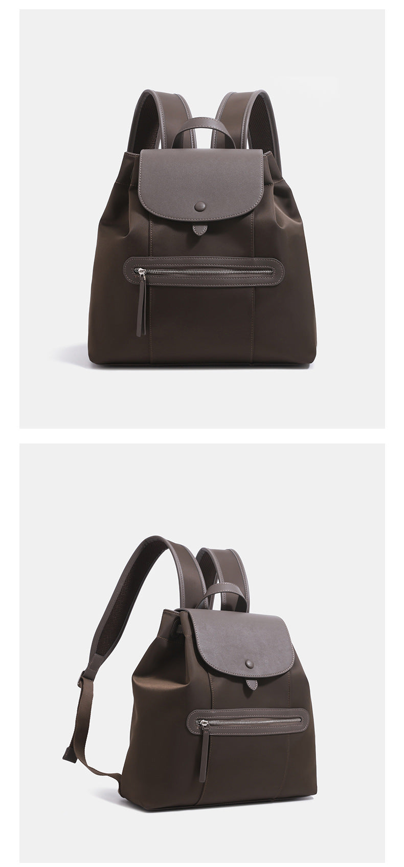 Structured flap backpack handbag with snap closure and front zip pocket, detail view 11