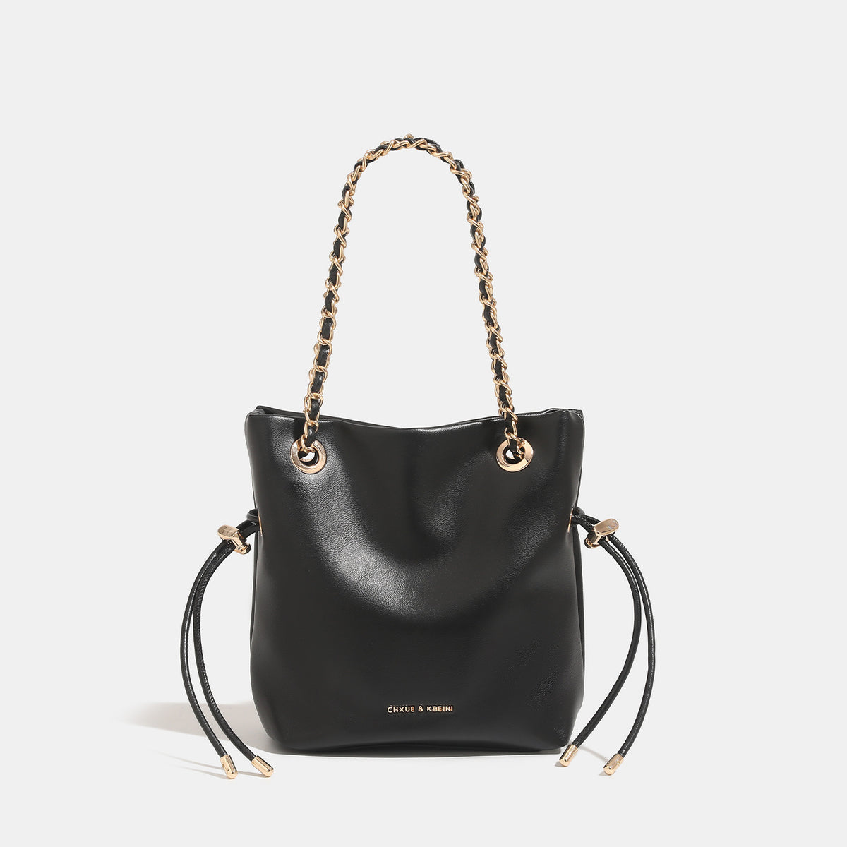 Glatte Bucket-Bag in Lederoptik mit Kettenhenkeln und seitlichen Kordelzügen, Detailansicht 6