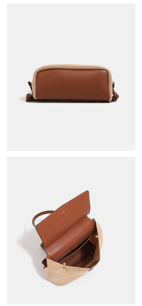 Structured woven tote bag with smooth leather-look front flap panel, knotted top handles, and detachable crossbody strap