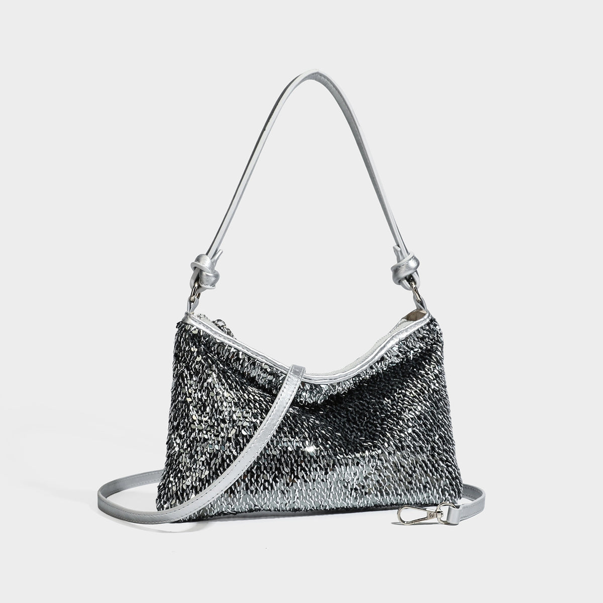 Small sequin hobo shoulder bag with knotted strap and zip closure, detail view 6