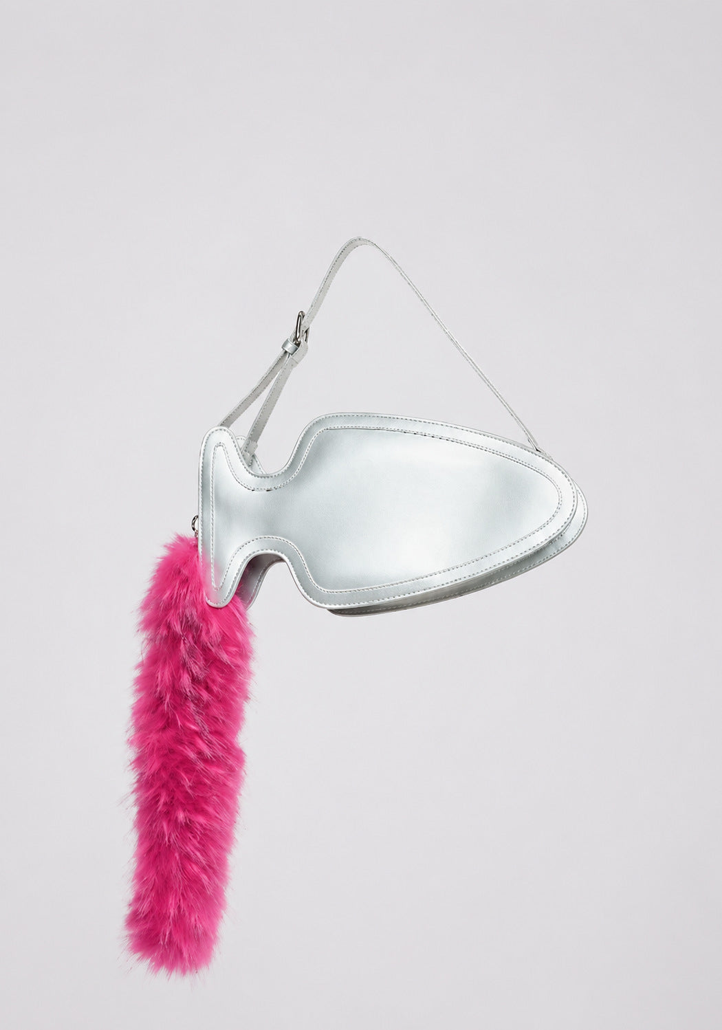 Fish-shaped pebbled leather-look crossbody bag with black faux-fur tail accent and adjustable shoulder strap, detail view 7
