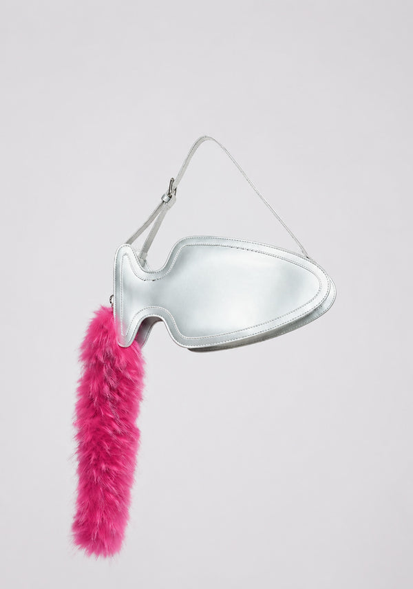 Fish-shaped pebbled leather-look crossbody bag with black faux-fur tail accent and adjustable shoulder strap, detail view 7