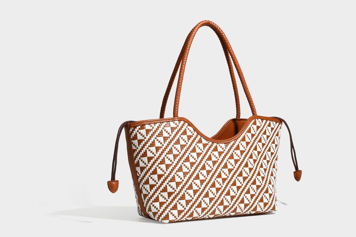 Woven geometric two-tone tote bag with braided shoulder straps and leather-look trim, detail view 28